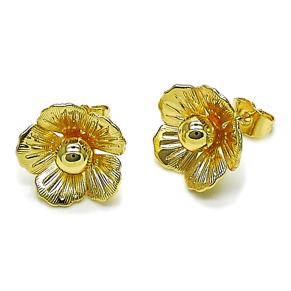 Oro Laminado Stud Earring, Gold Filled Style Flower Design, Diamond Cutting Finish, Golden Finish