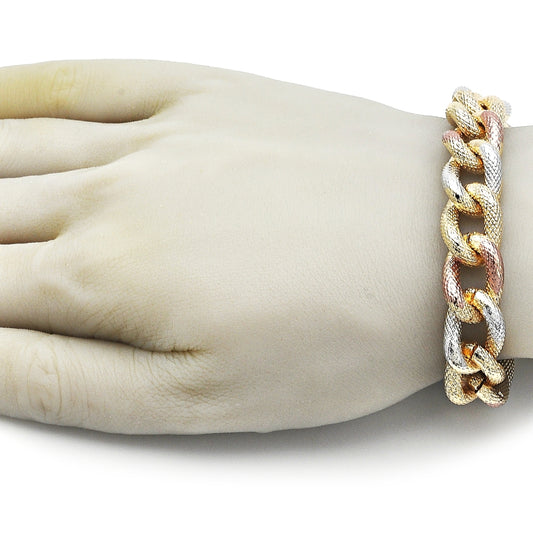 Oro Laminado Fancy Bracelet, Gold Filled Style Miami Cuban Design, Diamond Cutting Finish, Tricolor