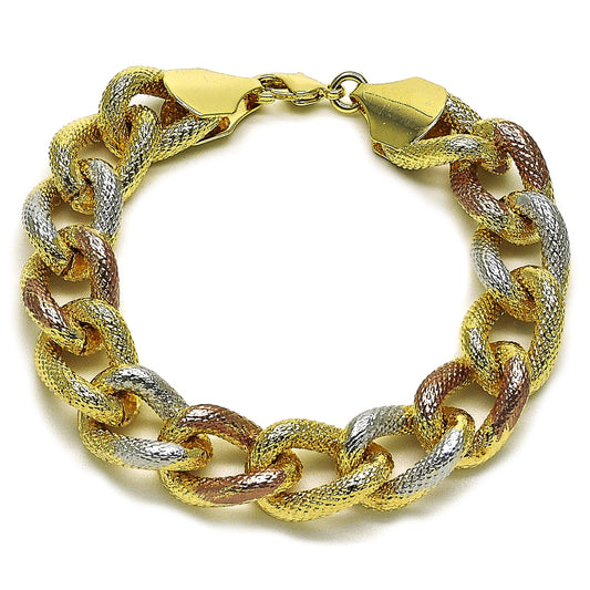 Oro Laminado Fancy Bracelet, Gold Filled Style Miami Cuban Design, Diamond Cutting Finish, Tricolor