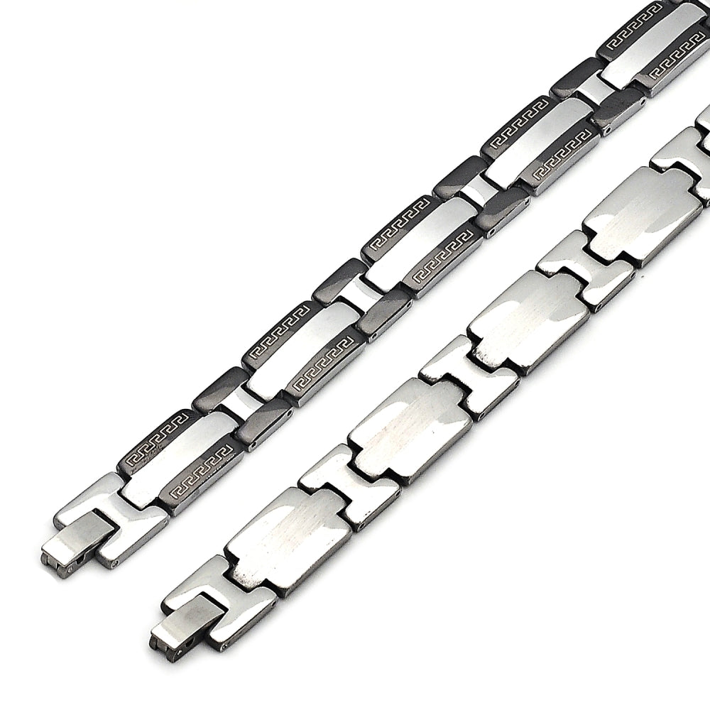 Stainless Steel Solid Bracelet, Greek Key Design, Polished, Two Tone