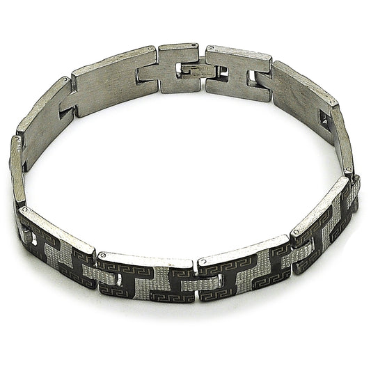 Stainless Steel Solid Bracelet, Greek Key Design, Polished, Two Tone