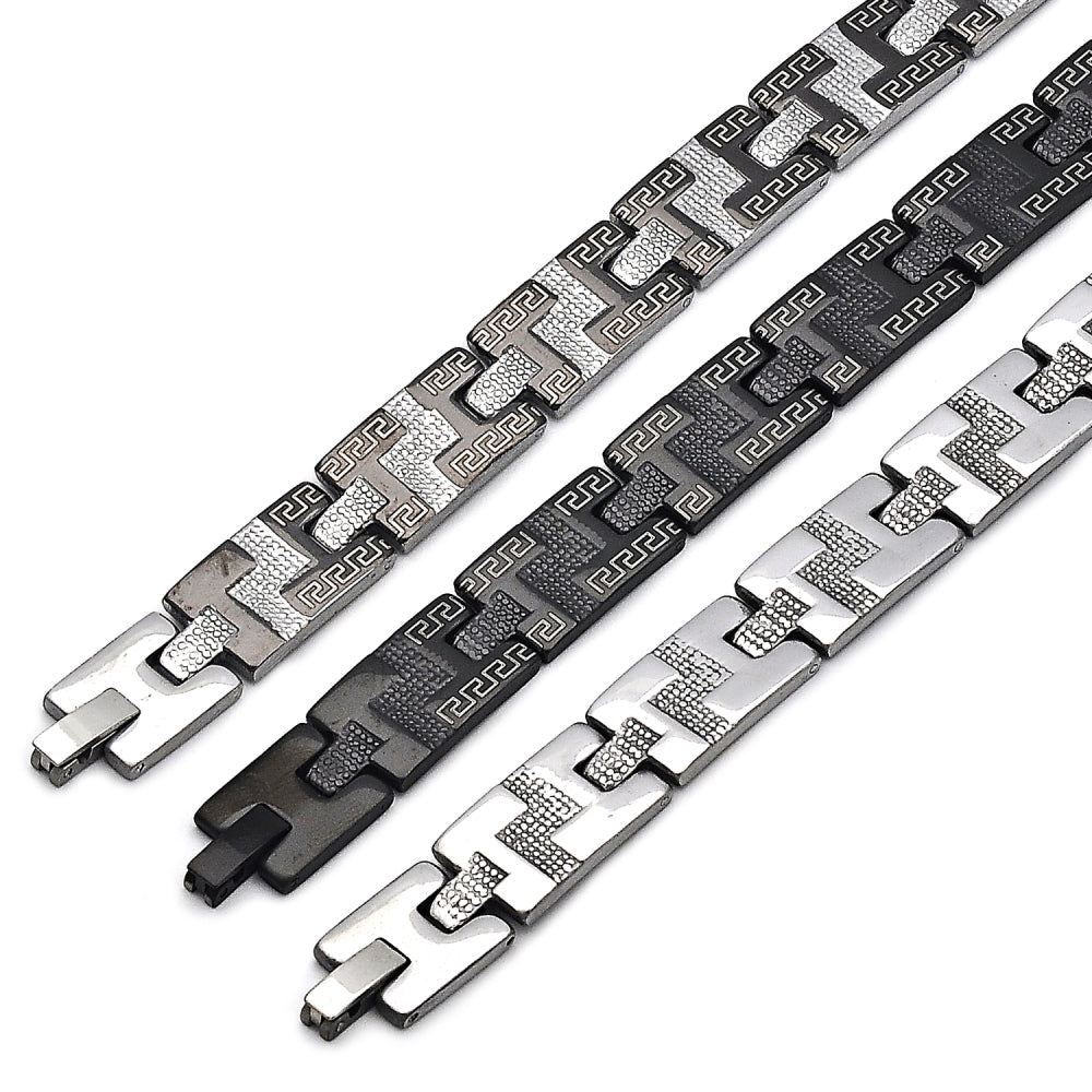 Stainless Steel Solid Bracelet, Greek Key Design, Polished, Two Tone