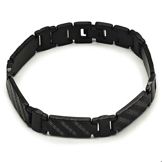 Stainless Steel Solid Bracelet, Greek Key Design, Polished, Black Rhodium Finish