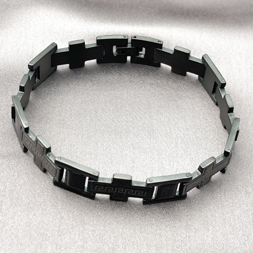 Stainless Steel Solid Bracelet, Greek Key and Cross Design, Polished, Black Rhodium Finish