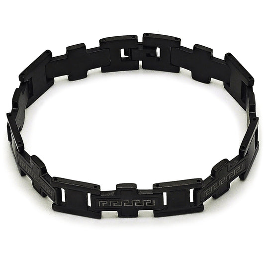 Stainless Steel Solid Bracelet, Greek Key and Cross Design, Polished, Black Rhodium Finish