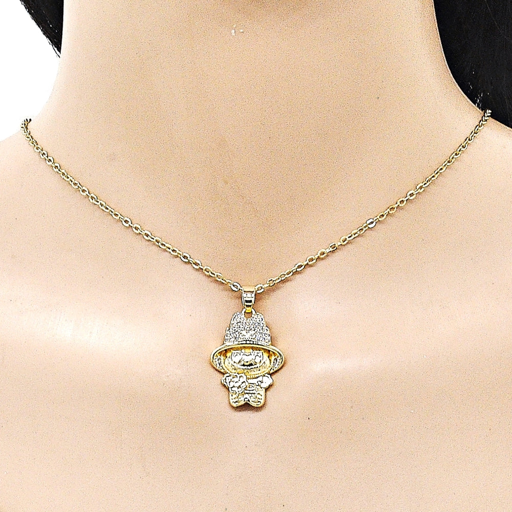 Oro Laminado Fancy Pendant, Gold Filled Style Little Girl and Flower Design, with White Cubic Zirconia, Polished, Golden Finish