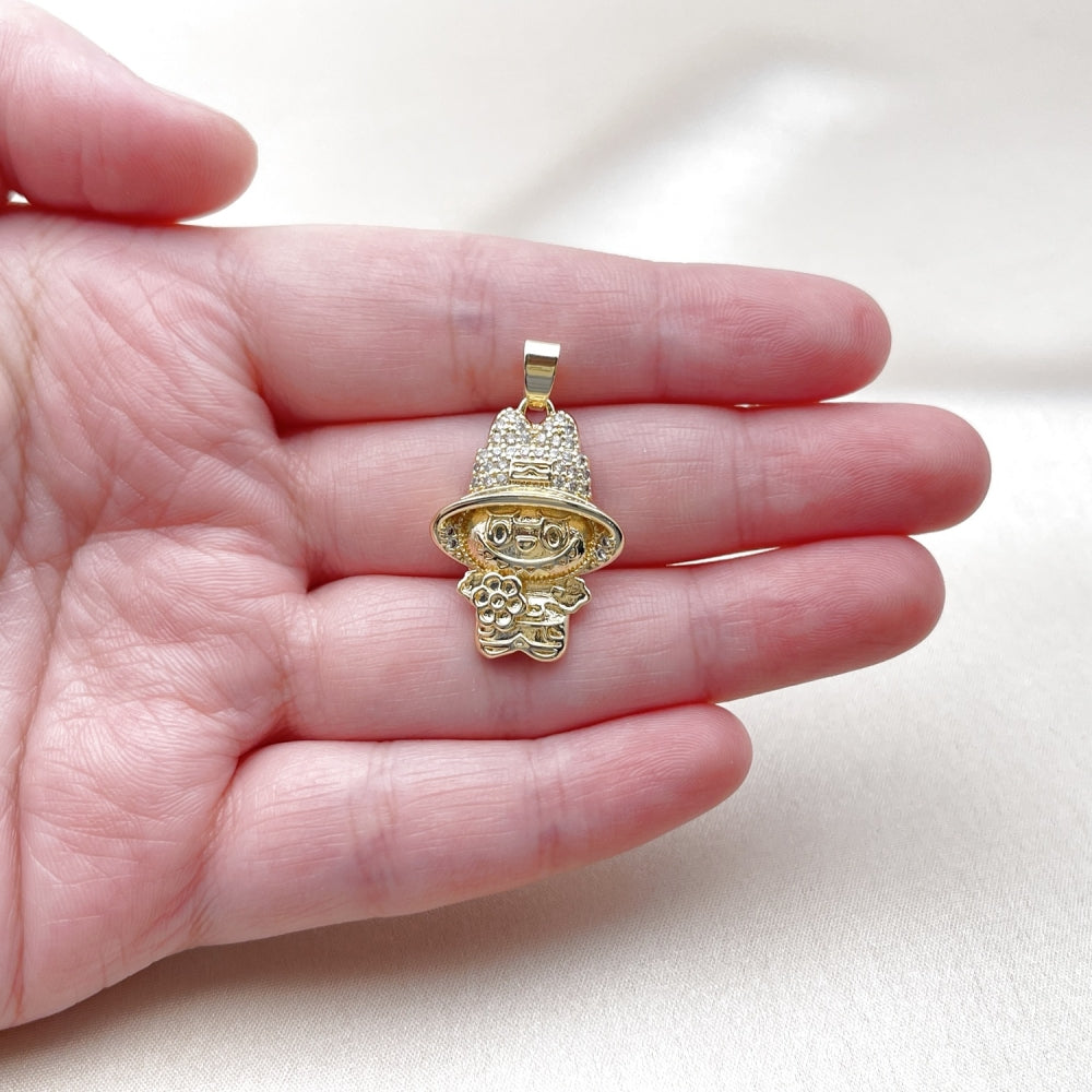 Oro Laminado Fancy Pendant, Gold Filled Style Little Girl and Flower Design, with White Cubic Zirconia, Polished, Golden Finish