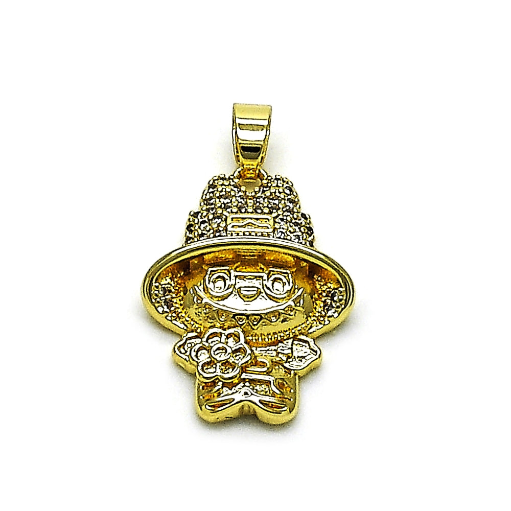 Oro Laminado Fancy Pendant, Gold Filled Style Little Girl and Flower Design, with White Cubic Zirconia, Polished, Golden Finish