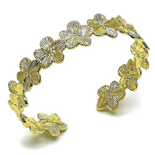 Oro Laminado Individual Bangle, Gold Filled Style Flower Design, Diamond Cutting Finish, Golden Finish