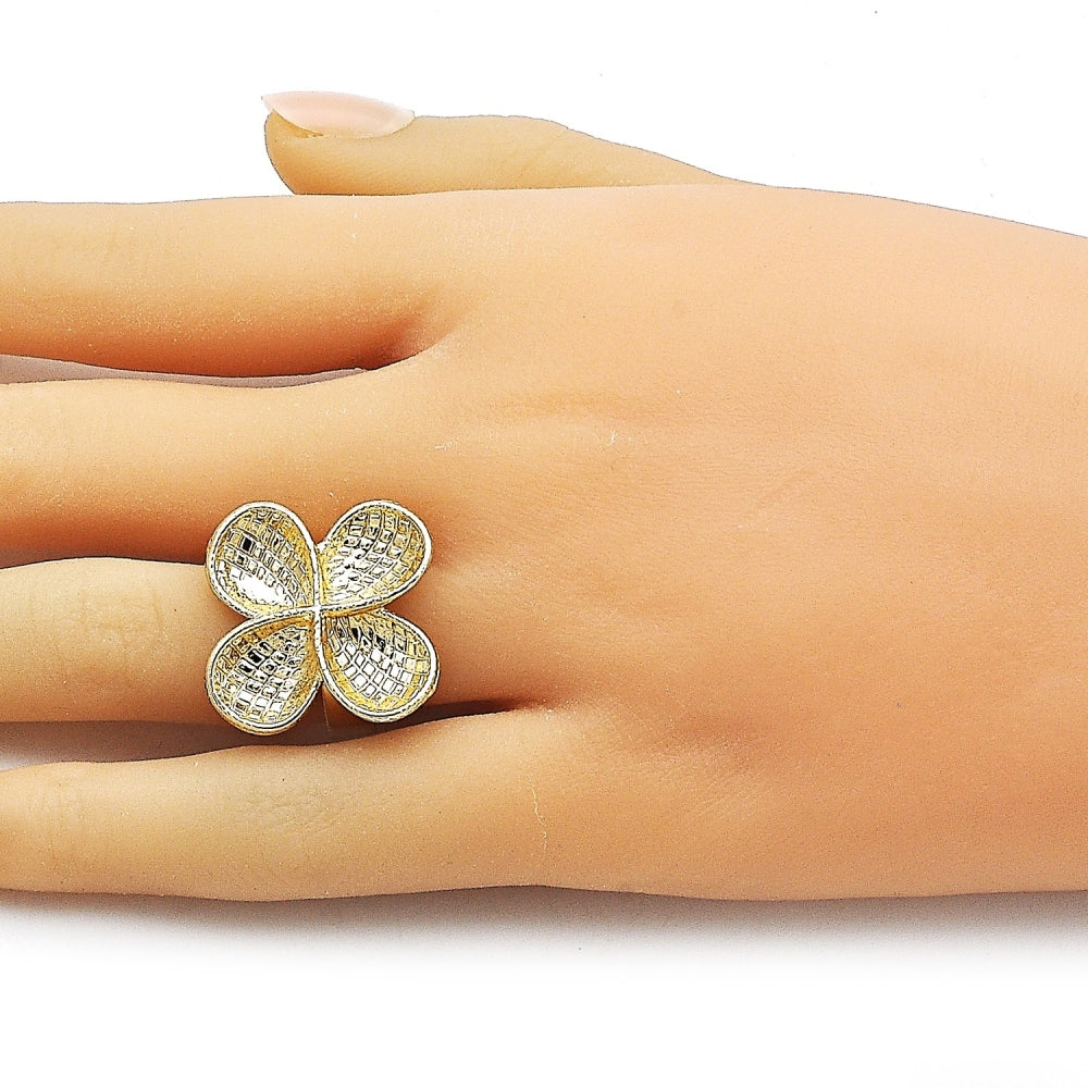 Oro Laminado Elegant Ring, Gold Filled Style Four-leaf Clover Design, Diamond Cutting Finish, Golden Finish