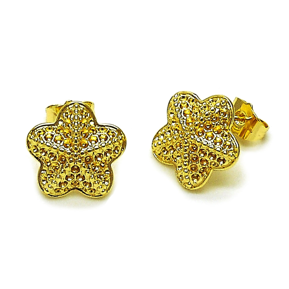 Oro Laminado Stud Earring, Gold Filled Style Star and Flower Design, Diamond Cutting Finish, Golden Finish