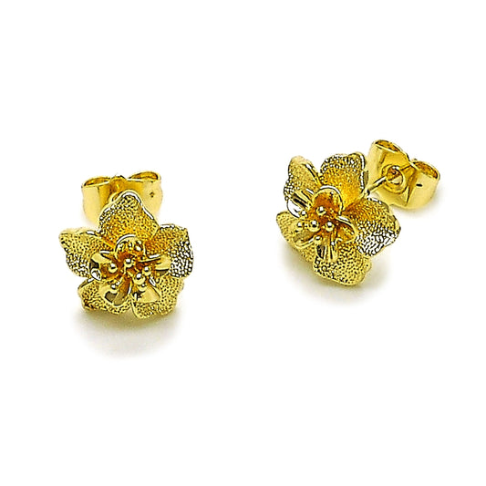 Oro Laminado Stud Earring, Gold Filled Style Flower Design, Matte Finish, Golden Finish