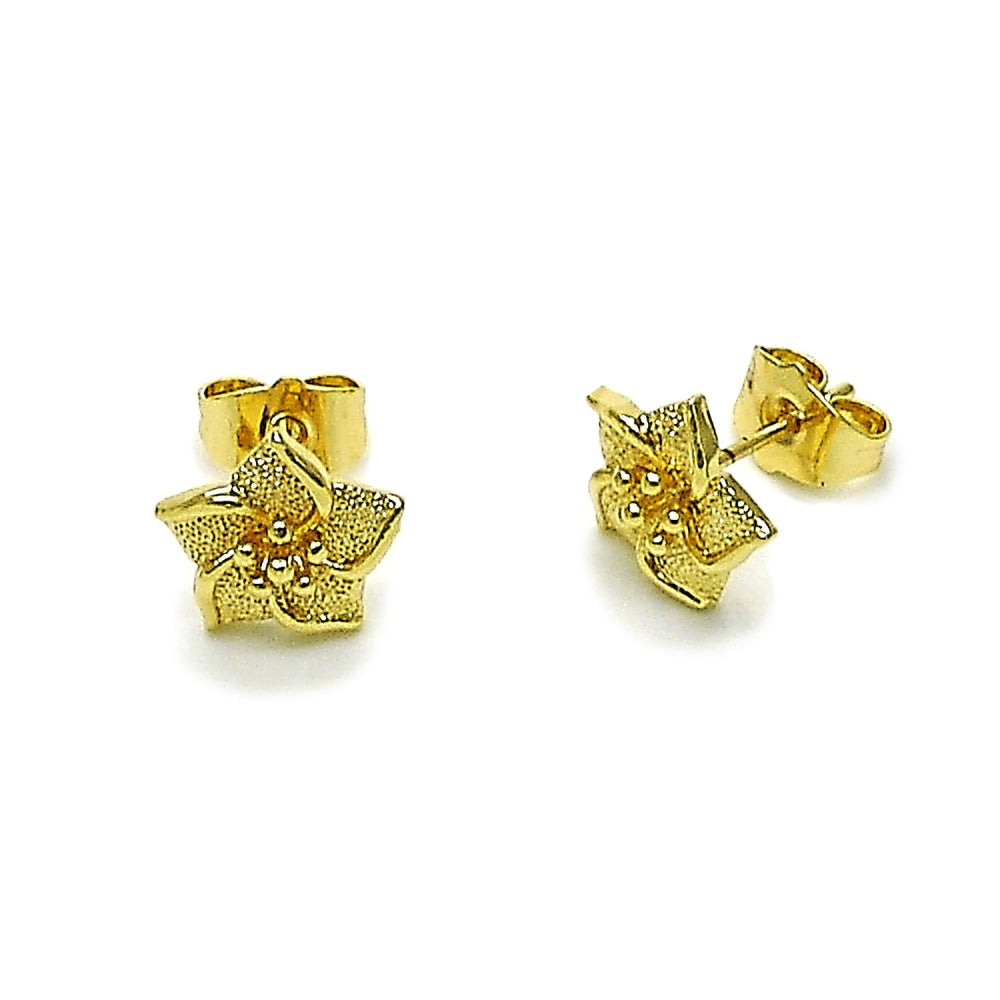 Oro Laminado Stud Earring, Gold Filled Style Flower Design, Matte Finish, Golden Finish