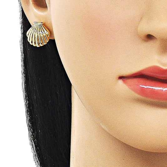 Oro Laminado Stud Earring, Gold Filled Style Shell and Hollow Design, Polished, Golden Finish