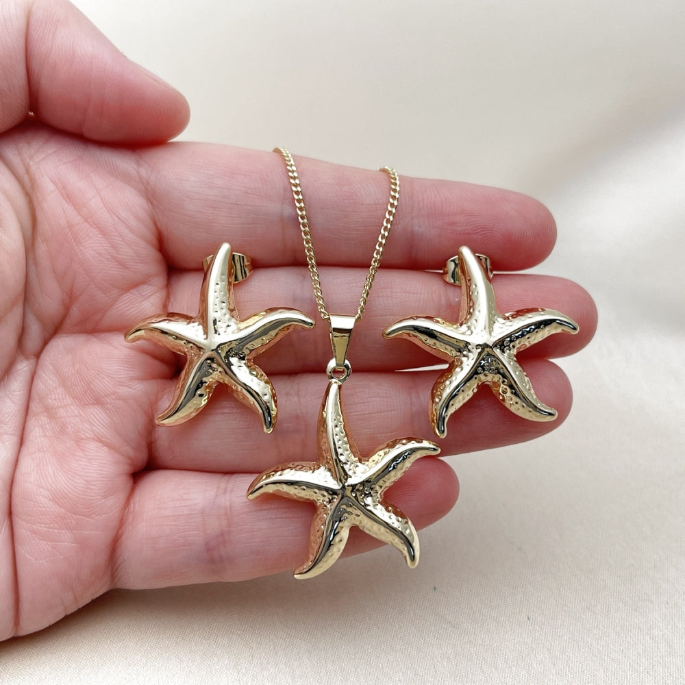Oro Laminado Earring and Pendant Adult Set, Gold Filled Style Star and Hollow Design, Polished, Golden Finish