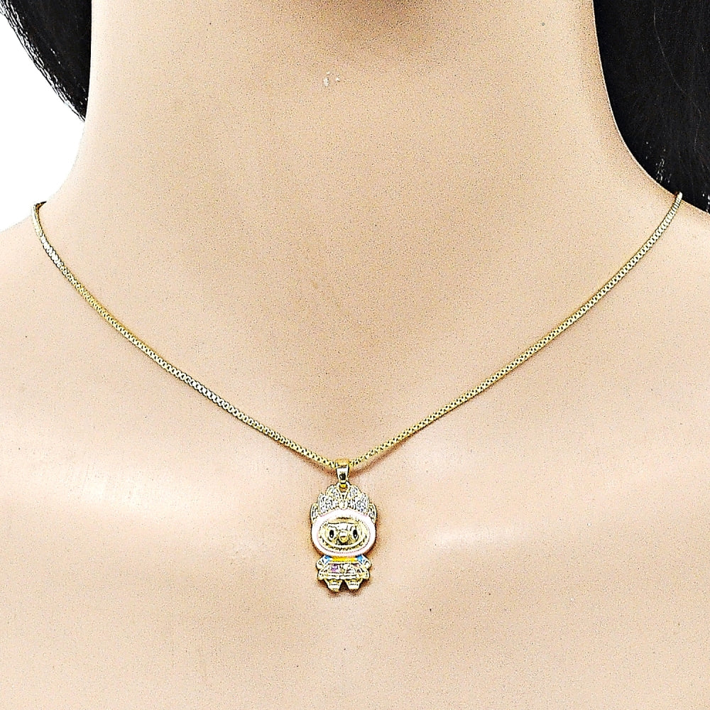 Oro Laminado Pendant Necklace, Gold Filled Style Box and Bow Design, with White Cubic Zirconia, Dark Pink Enamel Finish, Golden Finish