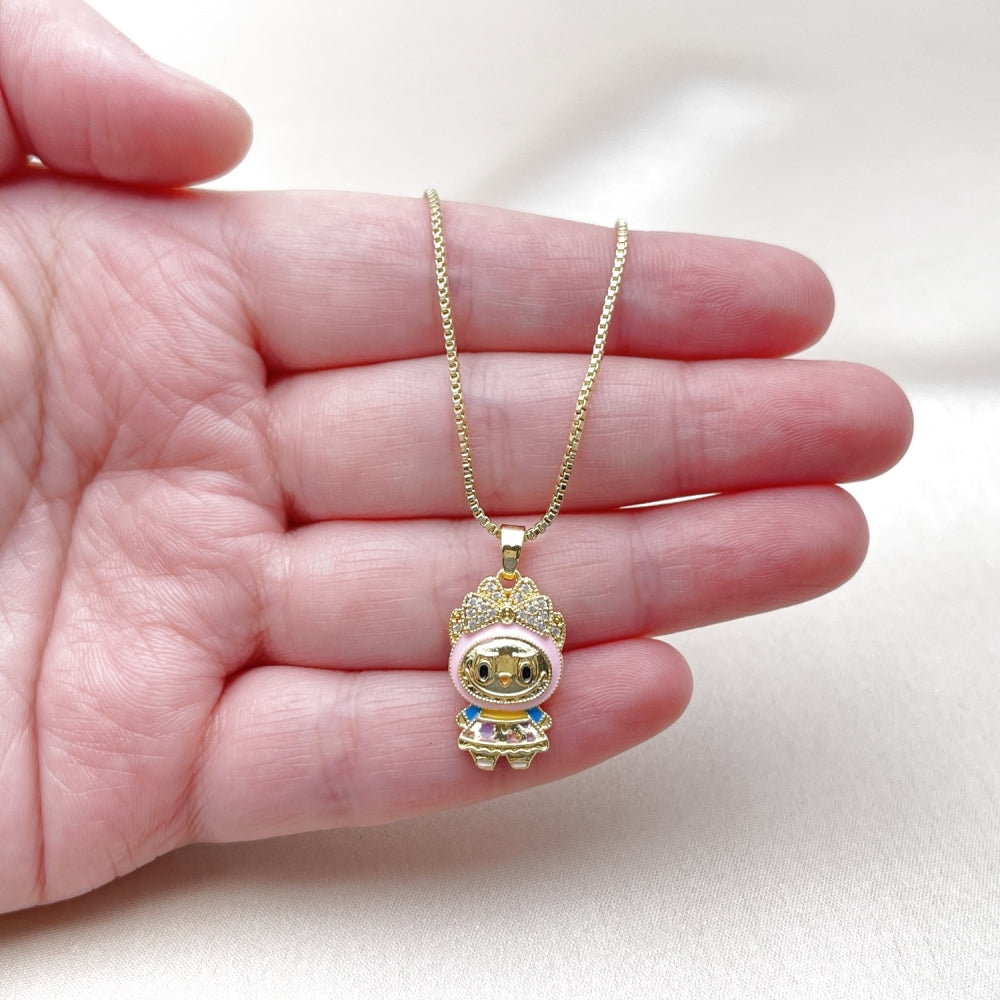 Oro Laminado Pendant Necklace, Gold Filled Style Box and Bow Design, with White Cubic Zirconia, Dark Pink Enamel Finish, Golden Finish