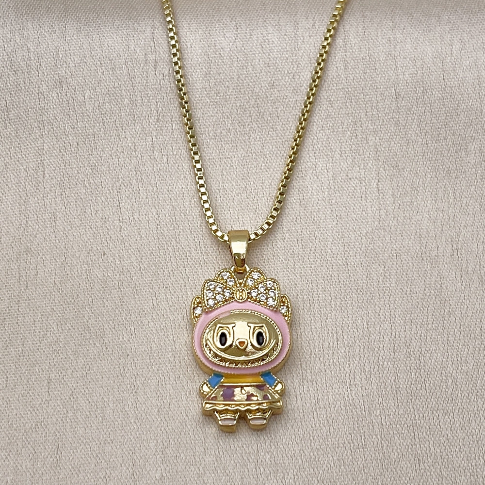 Oro Laminado Pendant Necklace, Gold Filled Style Box and Bow Design, with White Cubic Zirconia, Dark Pink Enamel Finish, Golden Finish