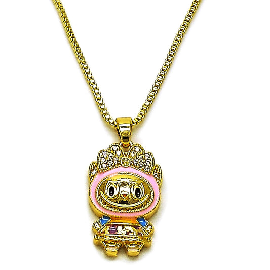 Oro Laminado Pendant Necklace, Gold Filled Style Box and Bow Design, with White Cubic Zirconia, Dark Pink Enamel Finish, Golden Finish
