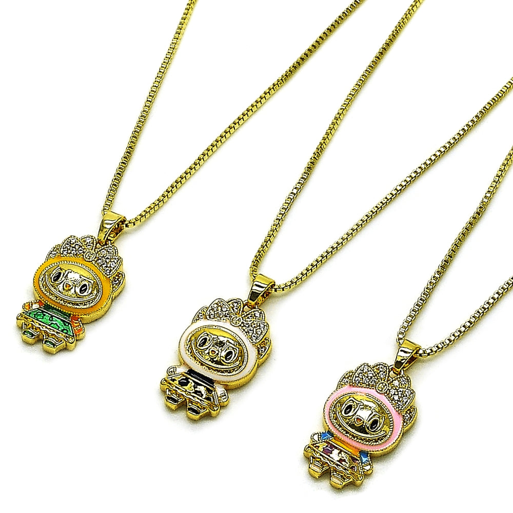 Oro Laminado Pendant Necklace, Gold Filled Style Box and Bow Design, with White Cubic Zirconia, Dark Pink Enamel Finish, Golden Finish