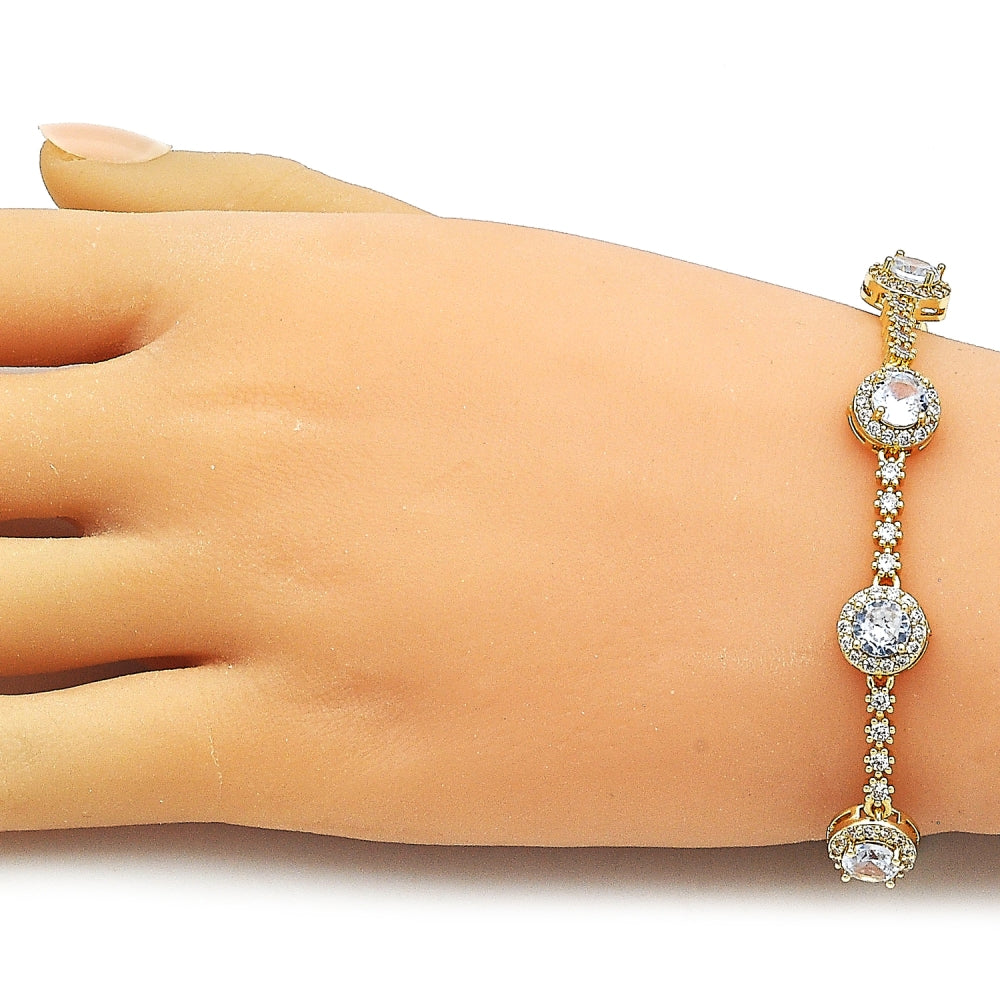 Oro Laminado Tennis Bracelet, Gold Filled Style Cluster Design, with White Cubic Zirconia, Polished, Golden Finish