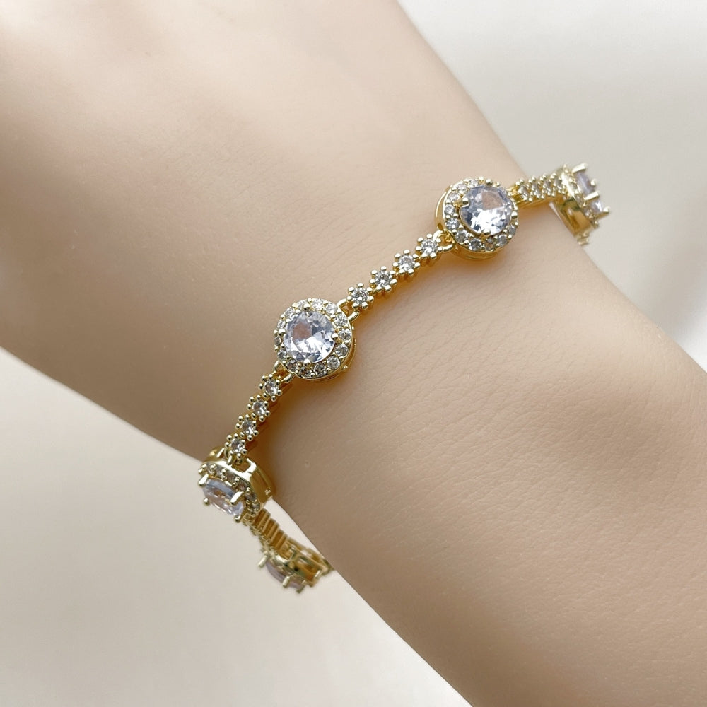 Oro Laminado Tennis Bracelet, Gold Filled Style Cluster Design, with White Cubic Zirconia, Polished, Golden Finish