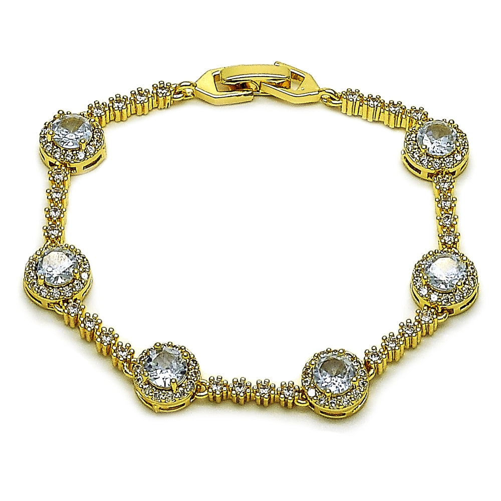 Oro Laminado Tennis Bracelet, Gold Filled Style Cluster Design, with White Cubic Zirconia, Polished, Golden Finish