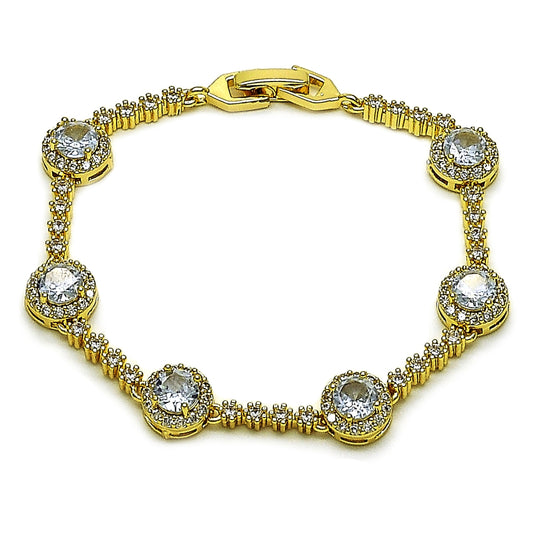 Oro Laminado Tennis Bracelet, Gold Filled Style Cluster Design, with White Cubic Zirconia, Polished, Golden Finish