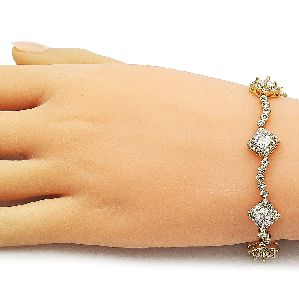 Oro Laminado Tennis Bracelet, Gold Filled Style Cluster Design, with White Cubic Zirconia, Polished, Golden Finish
