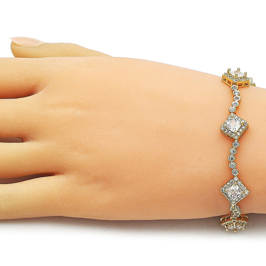 Oro Laminado Tennis Bracelet, Gold Filled Style Cluster Design, with White Cubic Zirconia, Polished, Golden Finish