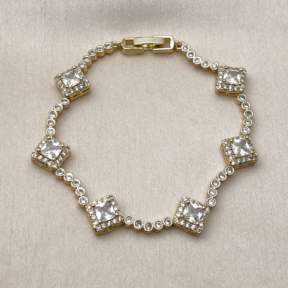 Oro Laminado Tennis Bracelet, Gold Filled Style Cluster Design, with White Cubic Zirconia, Polished, Golden Finish