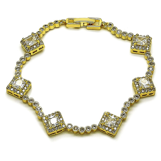 Oro Laminado Tennis Bracelet, Gold Filled Style Cluster Design, with White Cubic Zirconia, Polished, Golden Finish