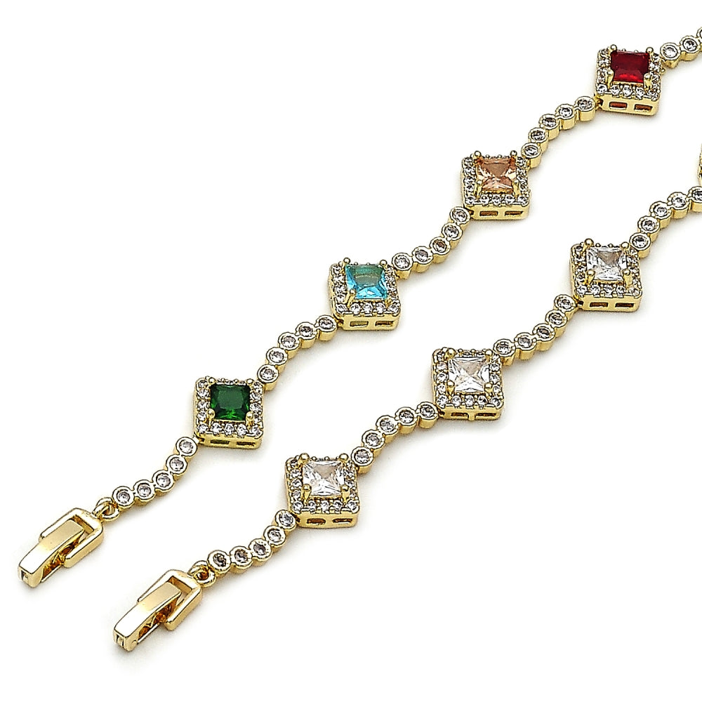 Oro Laminado Tennis Bracelet, Gold Filled Style Cluster Design, with White Cubic Zirconia, Polished, Golden Finish