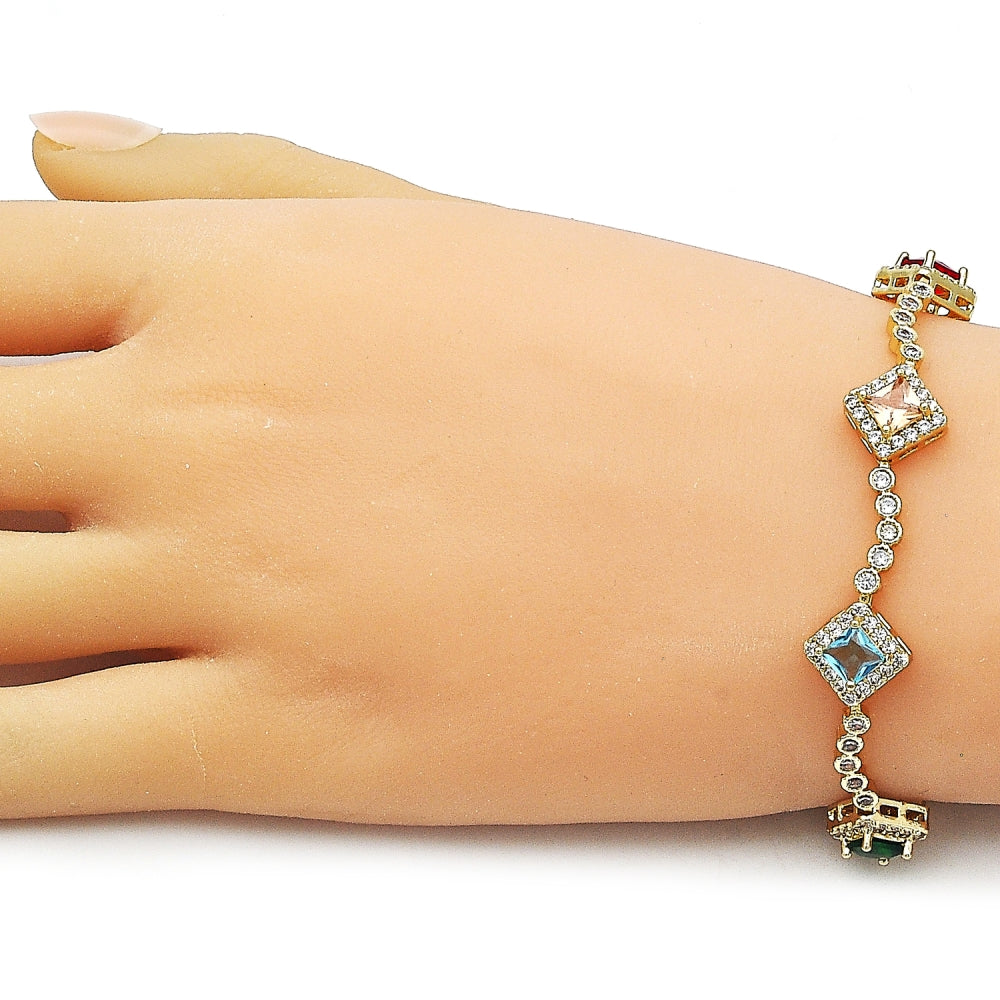 Oro Laminado Tennis Bracelet, Gold Filled Style Cluster Design, with Multicolor and White Cubic Zirconia, Polished, Golden Finish