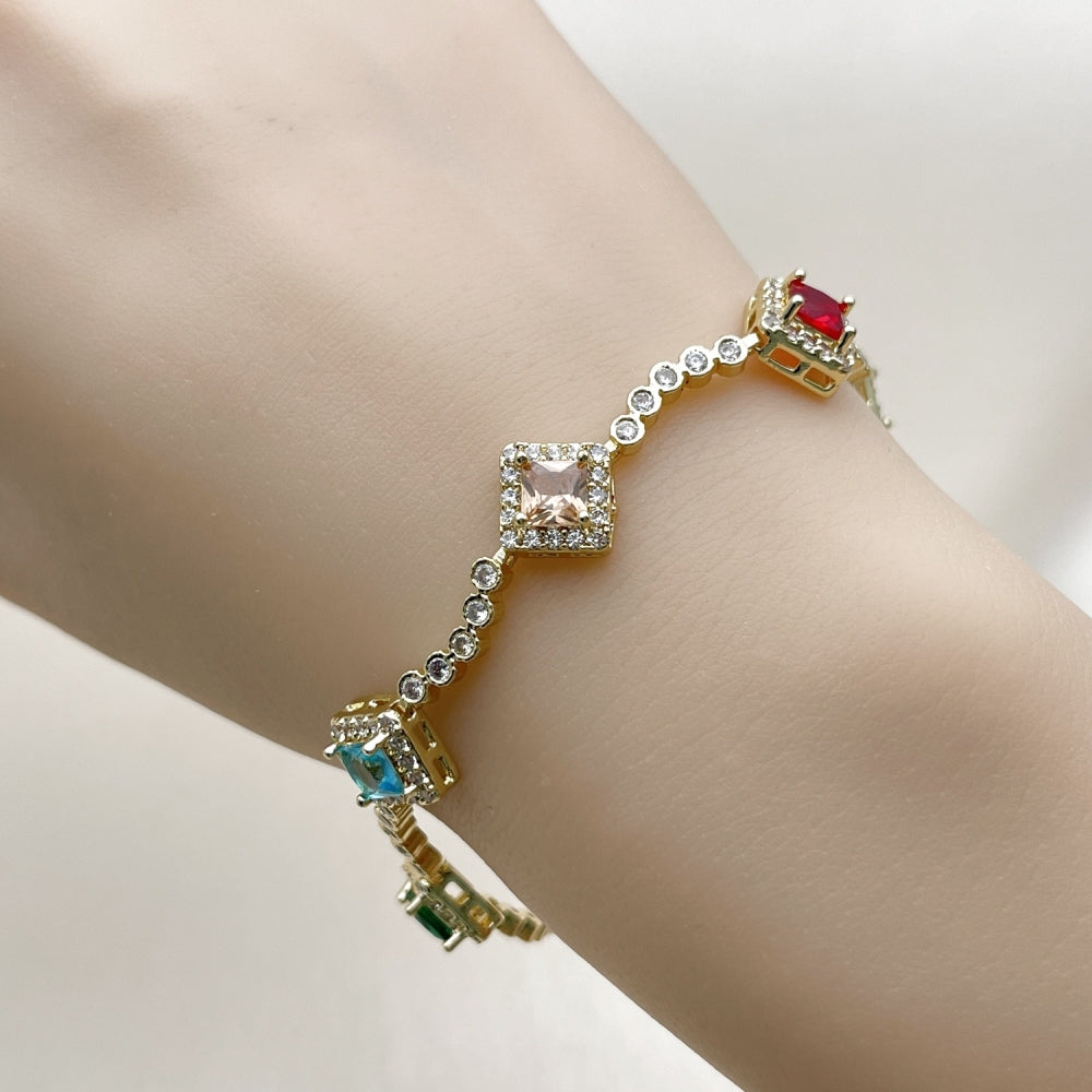 Oro Laminado Tennis Bracelet, Gold Filled Style Cluster Design, with Multicolor and White Cubic Zirconia, Polished, Golden Finish