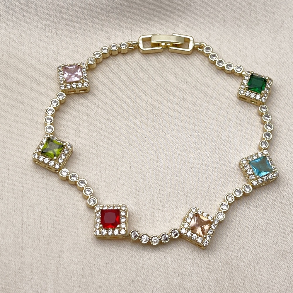 Oro Laminado Tennis Bracelet, Gold Filled Style Cluster Design, with Multicolor and White Cubic Zirconia, Polished, Golden Finish