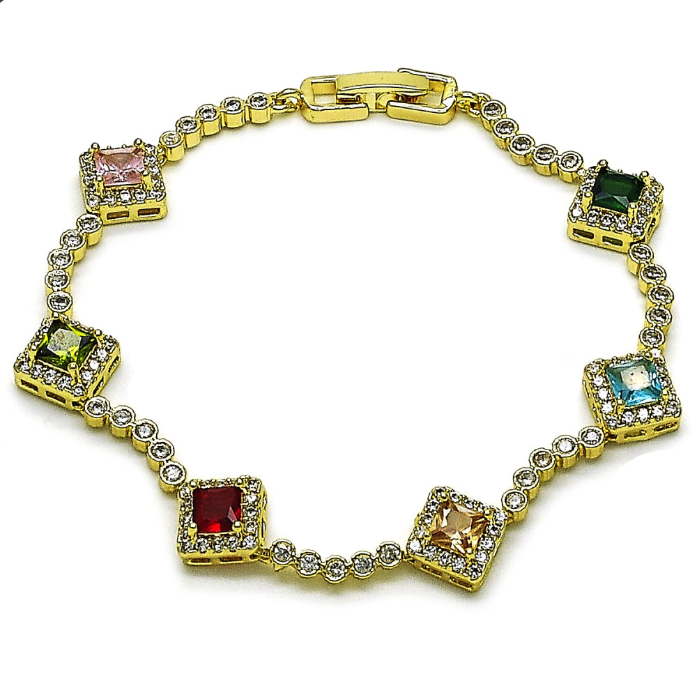 Oro Laminado Tennis Bracelet, Gold Filled Style Cluster Design, with Multicolor and White Cubic Zirconia, Polished, Golden Finish