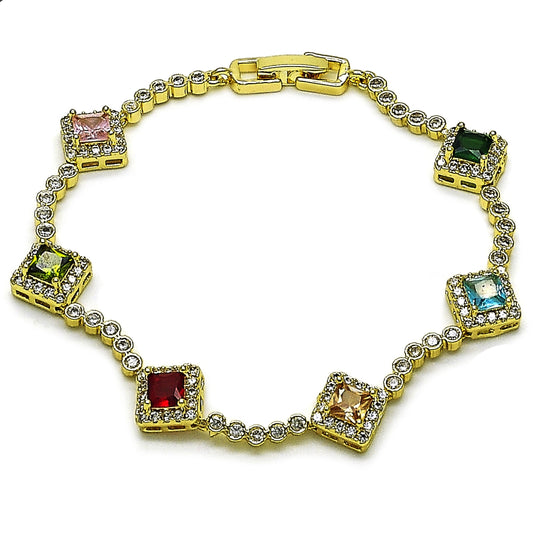 Oro Laminado Tennis Bracelet, Gold Filled Style Cluster Design, with Multicolor and White Cubic Zirconia, Polished, Golden Finish