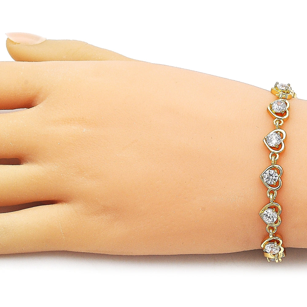 Oro Laminado Tennis Bracelet, Gold Filled Style Heart Design, with White Cubic Zirconia, Polished, Golden Finish