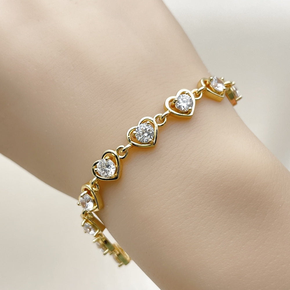 Oro Laminado Tennis Bracelet, Gold Filled Style Heart Design, with White Cubic Zirconia, Polished, Golden Finish