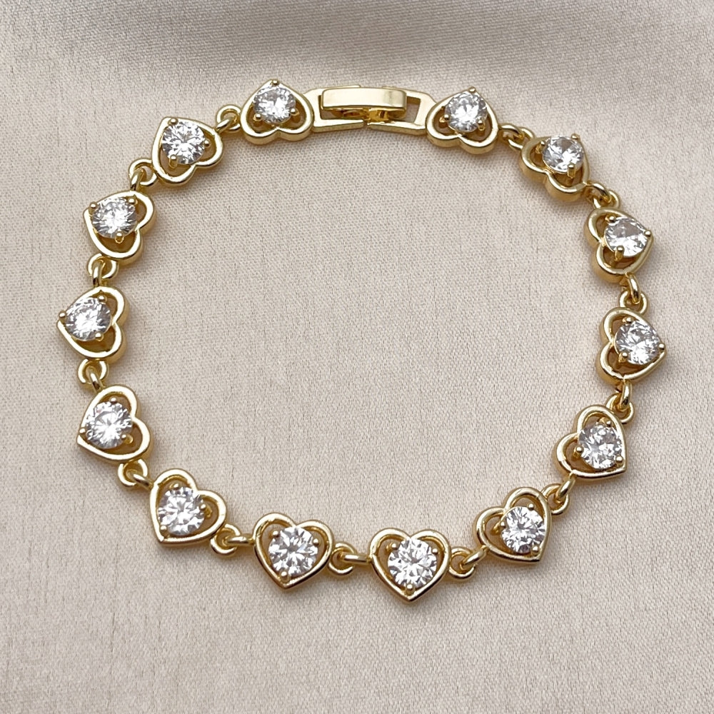 Oro Laminado Tennis Bracelet, Gold Filled Style Heart Design, with White Cubic Zirconia, Polished, Golden Finish