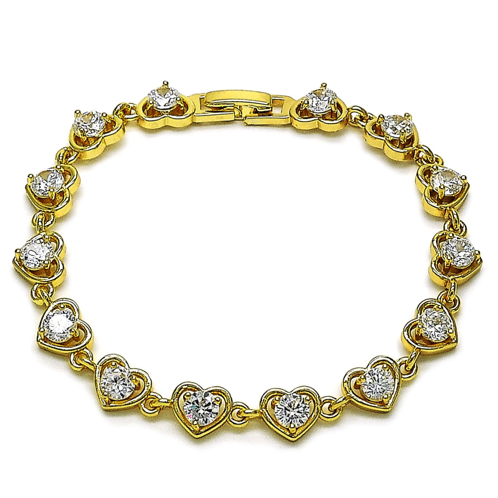 Oro Laminado Tennis Bracelet, Gold Filled Style Heart Design, with White Cubic Zirconia, Polished, Golden Finish