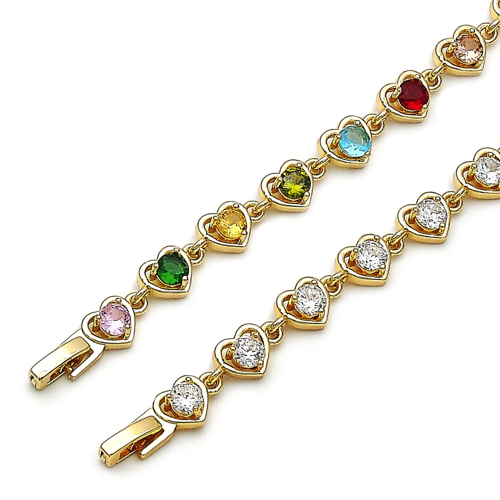 Oro Laminado Tennis Bracelet, Gold Filled Style Heart Design, with White Cubic Zirconia, Polished, Golden Finish