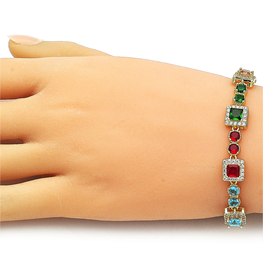 Oro Laminado Tennis Bracelet, Gold Filled Style Cluster Design, with Multicolor and White Cubic Zirconia, Polished, Golden Finish