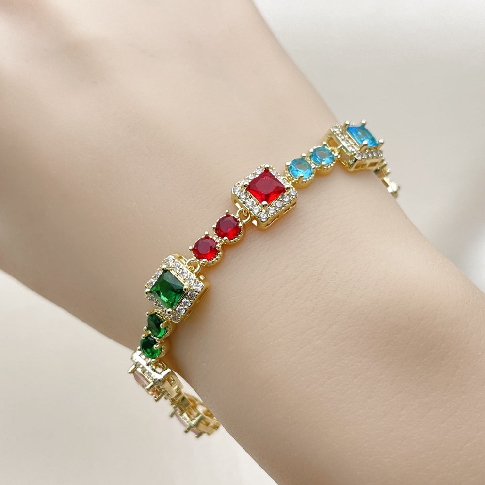 Oro Laminado Tennis Bracelet, Gold Filled Style Cluster Design, with Multicolor and White Cubic Zirconia, Polished, Golden Finish
