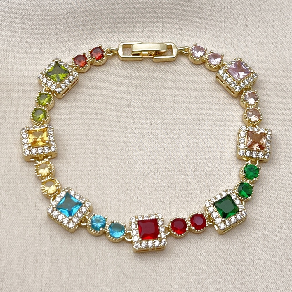 Oro Laminado Tennis Bracelet, Gold Filled Style Cluster Design, with Multicolor and White Cubic Zirconia, Polished, Golden Finish
