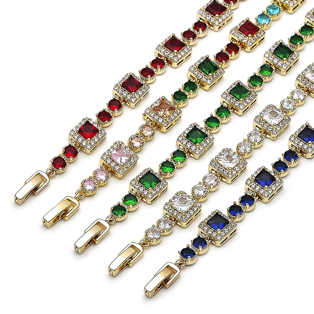 Oro Laminado Tennis Bracelet, Gold Filled Style Cluster Design, with Multicolor and White Cubic Zirconia, Polished, Golden Finish