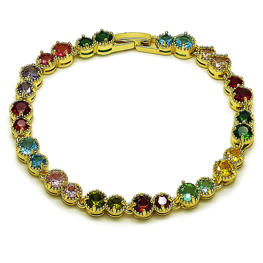 Oro Laminado Tennis Bracelet, Gold Filled Style with Multicolor Cubic Zirconia, Polished, Golden Finish