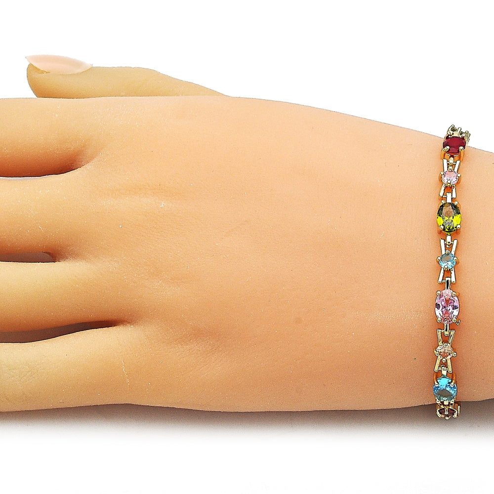 Oro Laminado Tennis Bracelet, Gold Filled Style with Multicolor Cubic Zirconia, Polished, Golden Finish
