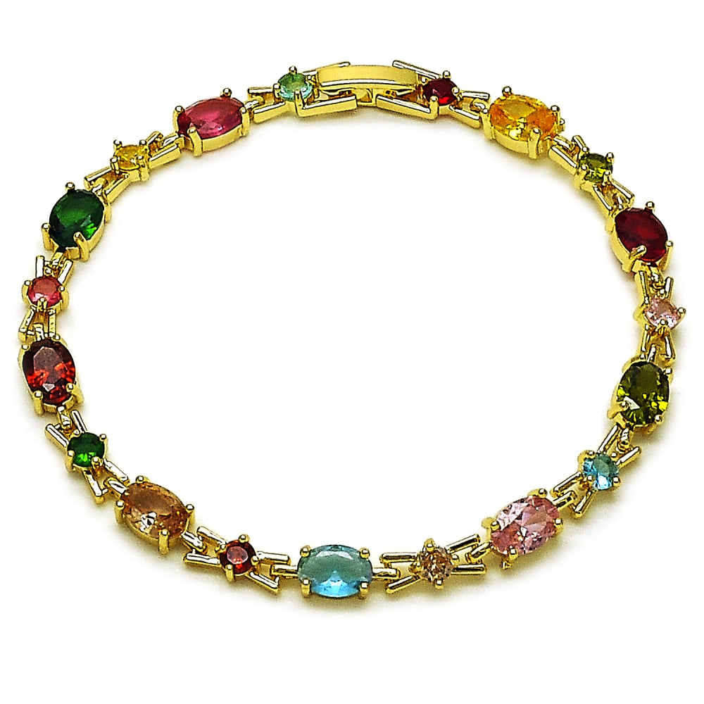 Oro Laminado Tennis Bracelet, Gold Filled Style with Multicolor Cubic Zirconia, Polished, Golden Finish